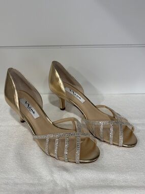Nina Corita Soft Gold Satin Mesh Rhinestone Pumps Heels Size 8M